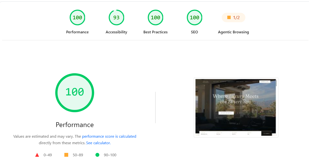Google PageSpeed Insights report for ahukocaballi.com showing a Performance score of 100, Accessibility 93, Best Practices 100, and SEO 100