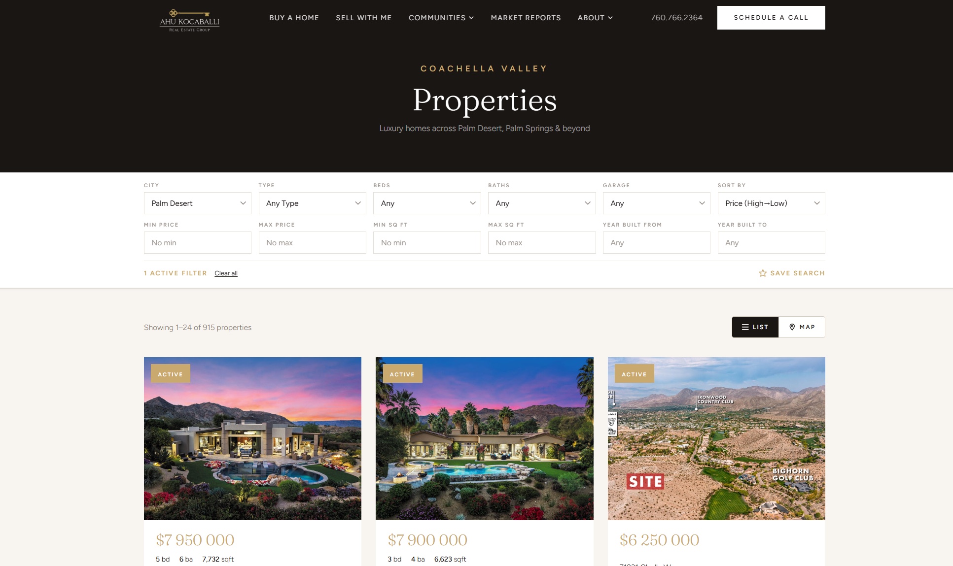 Live screenshot of the ahukocaballi.com properties page showing 12 search filters (city, type, beds, baths, garage, sort order, min/max price, min/max square footage, year built from/to) and active listings priced from $6,250,000 to $7,950,000